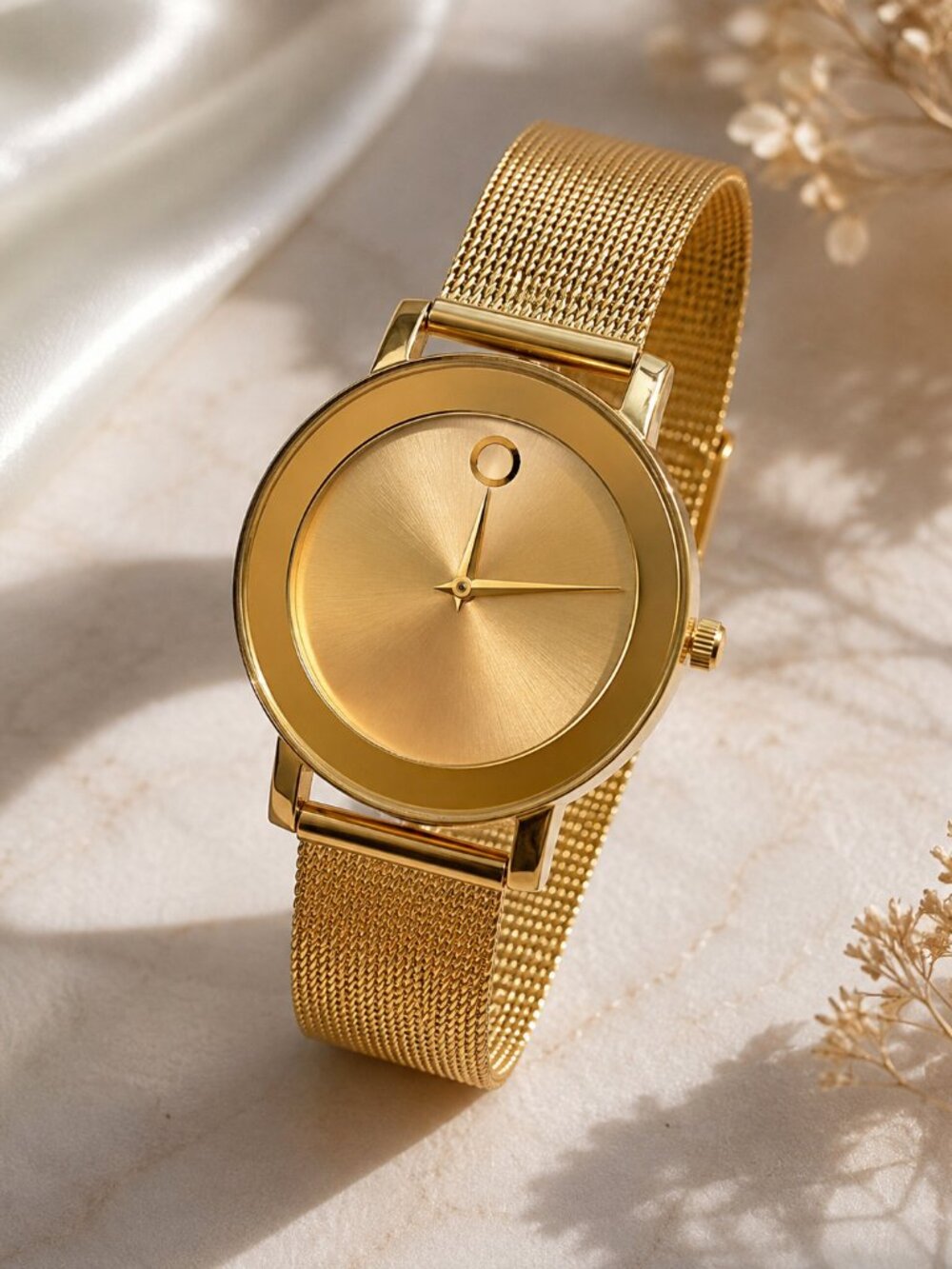 Gold Tone Minimalist Mesh Band Watch Round Dial Modern Statement Wristwatch